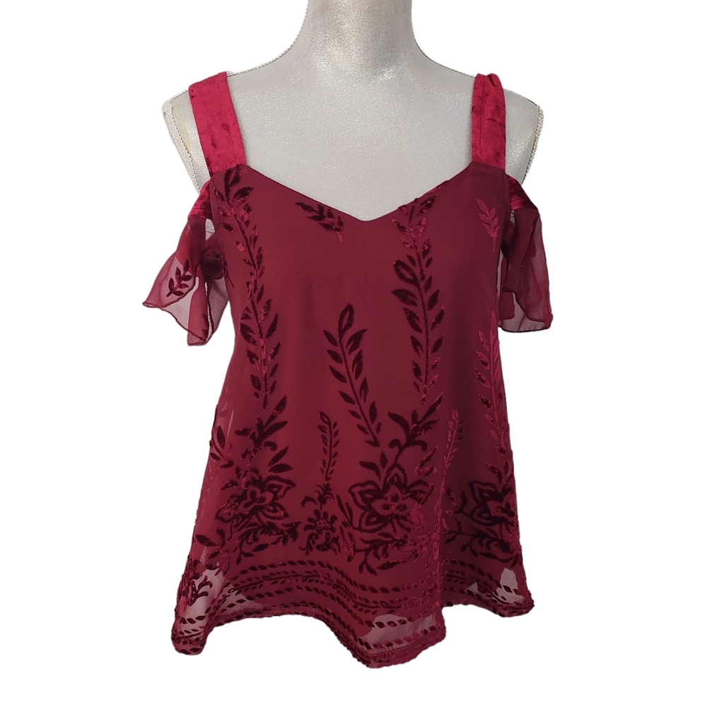 FRANCESCA'S Womens Red Burgundy Velvety Boho Lace Blouse Size XS Dark Romantic